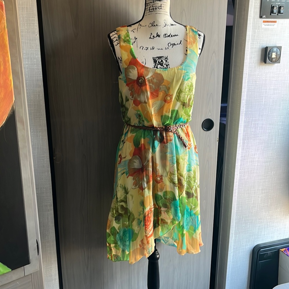 Yellow and green sundress with brown braided belt